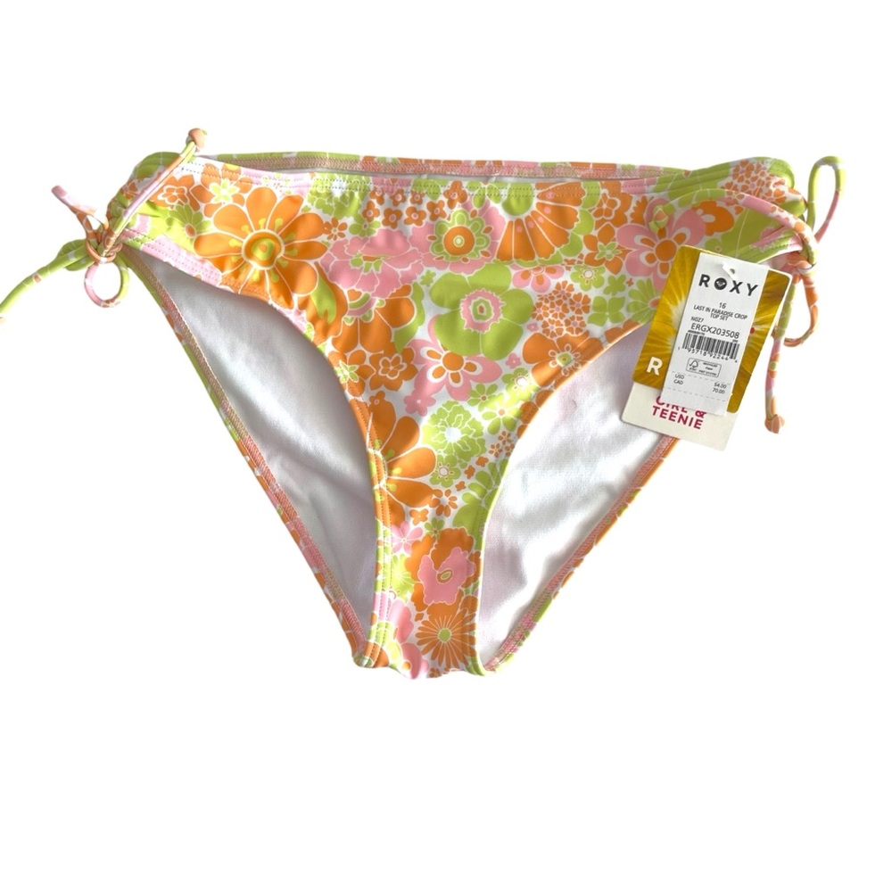 NWT Roxy Girl Floral Print Side-Tie Bikini Bottoms | Orange Pink Green Size 16